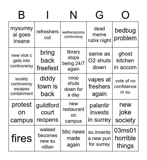 Surrey bingo Card