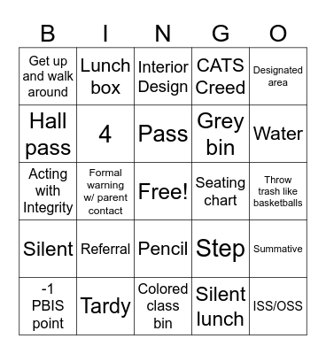 First Days of FCS Bingo Card