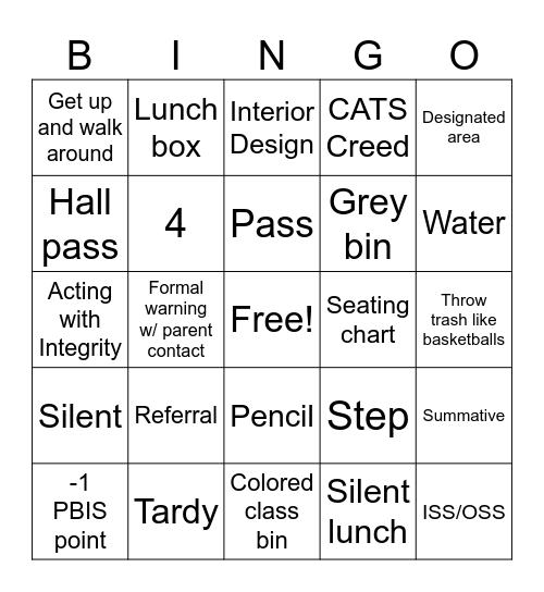 First Days of FCS Bingo Card