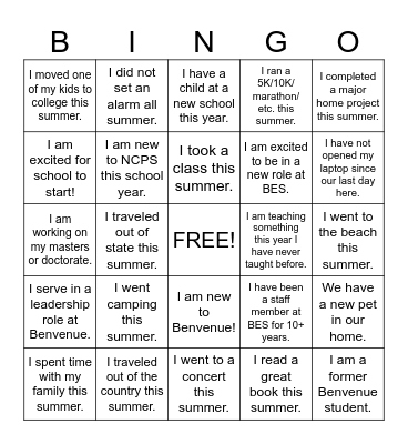 Staff Back to School Bingo Card