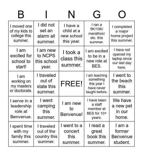Staff Back to School Bingo Card