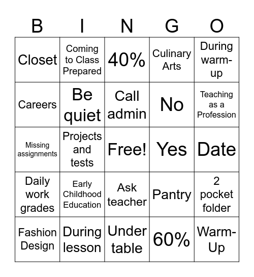 First Days of FCS Bingo Card