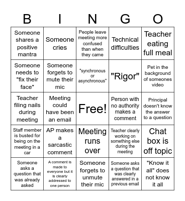 Teacher PD Bingo Card