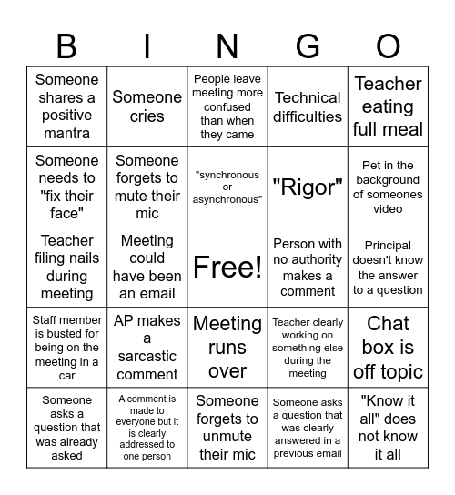 Teacher PD Bingo Card