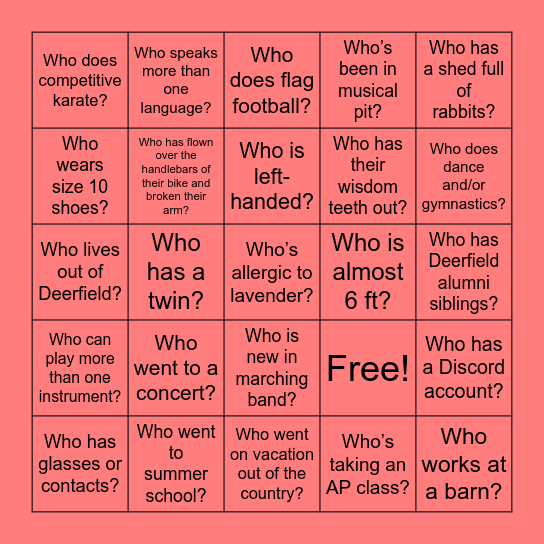 Get To Know The Band! Bingo Card