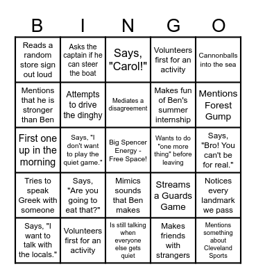 Spencer's Greek Vacation Bingo Card