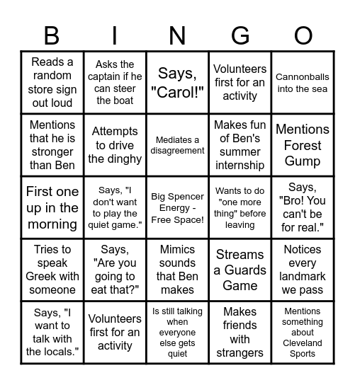 Spencer's Greek Vacation Bingo Card