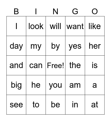Sight Words Bingo Card