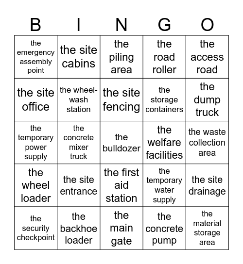 Site Equipment Bingo Card