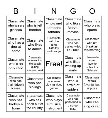 Classmate Bingo Card