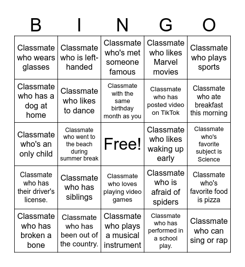 Classmate Bingo Card