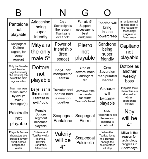 Genshin 7.X Snezhnaya Bingo Card