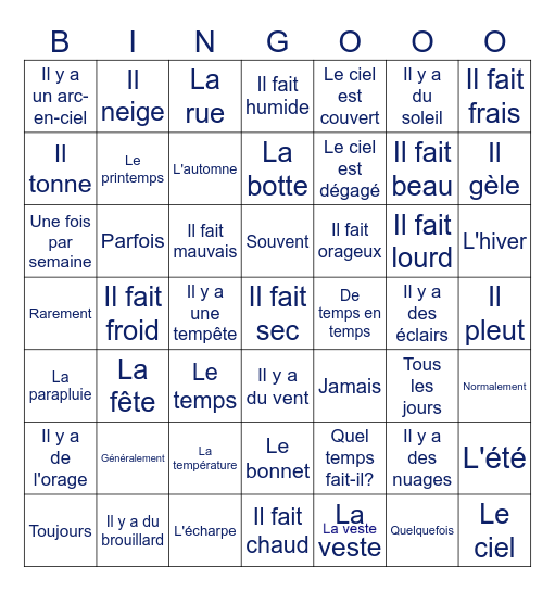 Le temps en France Bingo Card