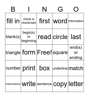 Test Words Bingo Card