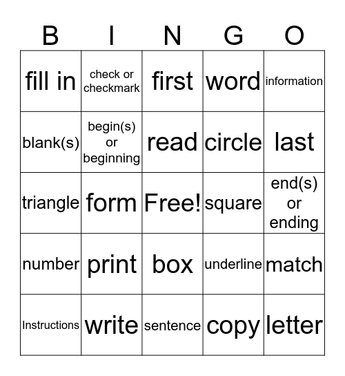 Test Words Bingo Card