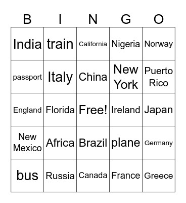Travel the World Bingo Card