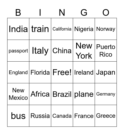 Travel the World Bingo Card
