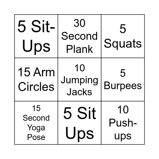 Exercise Bingo Card
