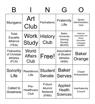Baker Involvement Bingo Card