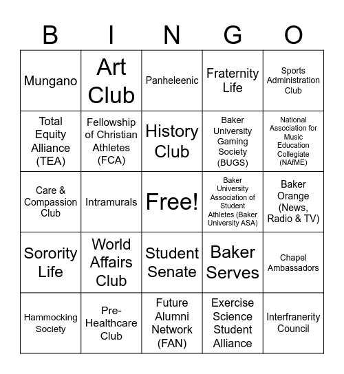Baker Involvement Bingo Card