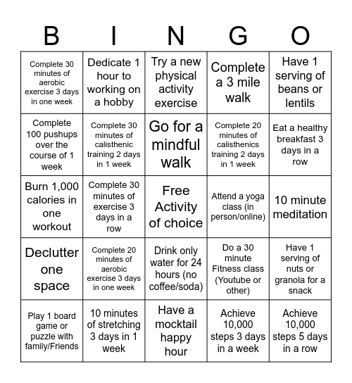 Blackout Fitness Bingo October Bingo Card