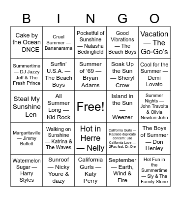 One Last Summer Jam Bingo Card