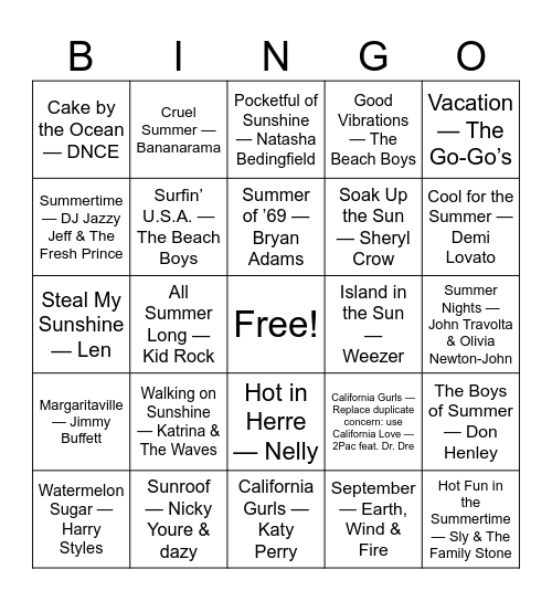 One Last Summer Jam Bingo Card