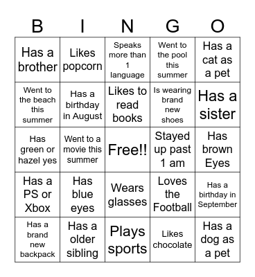 Back to School Bingo Card