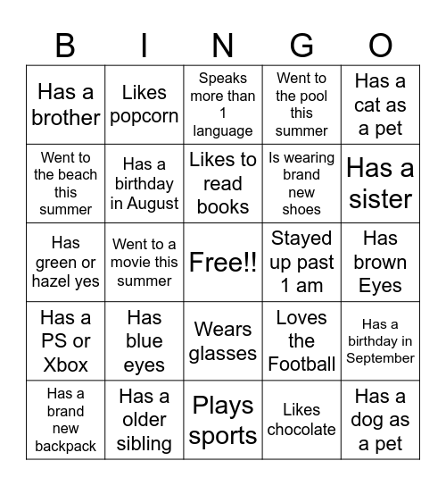 Back to School Bingo Card