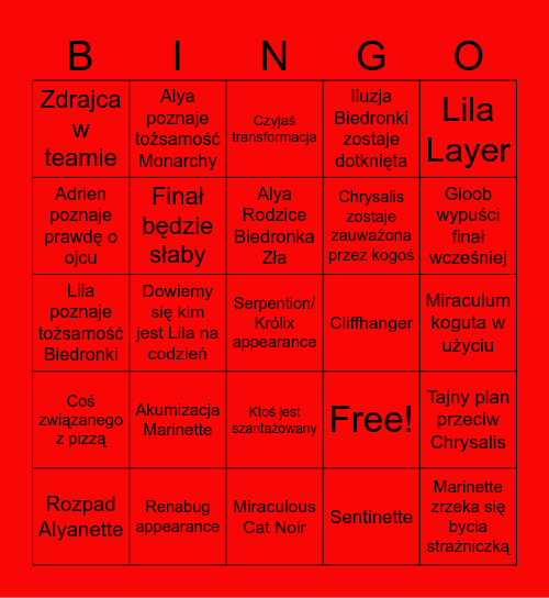 Finał 6 sezonu Miraculum Bingo Card