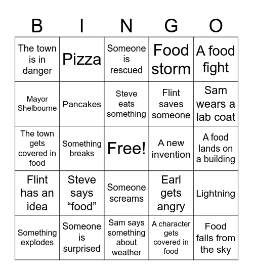Cloudy with a chance of Meatballs Bingo Card