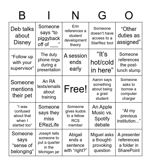 Training Bingo Card