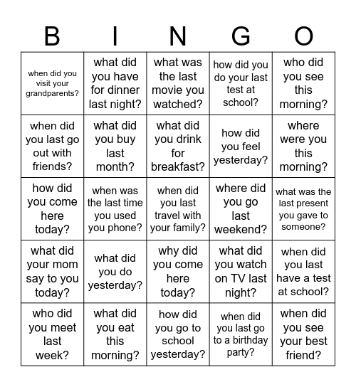 simple past questions Bingo Card