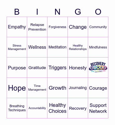 Recovery Bingo: The Carter Clinic Bingo Card