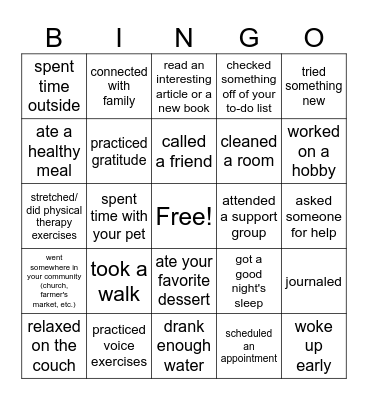 Self-Care Bingo Card