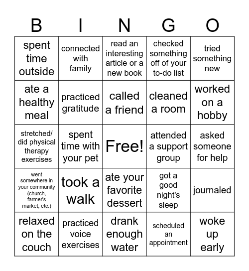 Self-Care Bingo Card