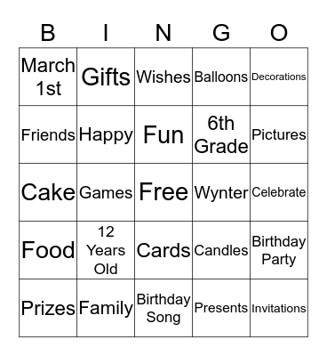 Wynter's Birthday! Bingo Card