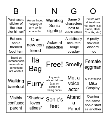 Sonic boost Bingo Card
