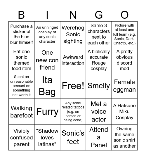 Sonic boost Bingo Card