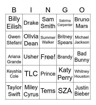Cielo R&B Bingo Card