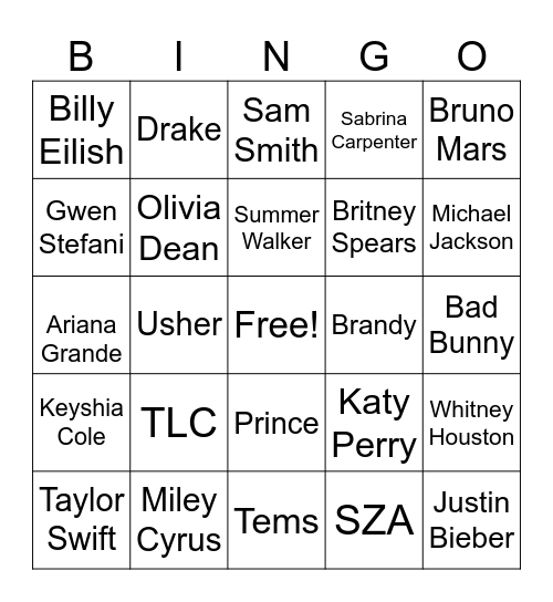 Cielo R&B Bingo Card