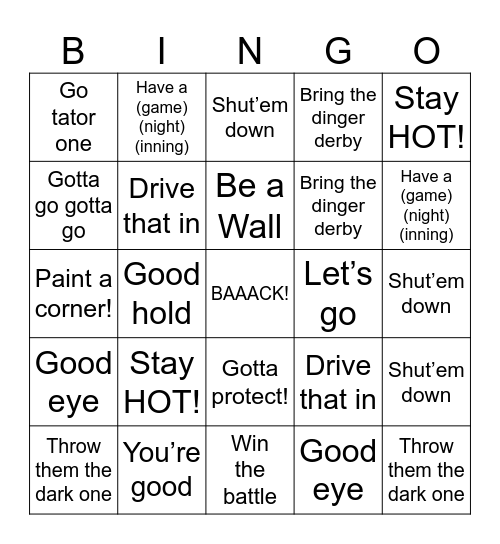 Baseball Coach Mannerism Bingo Card