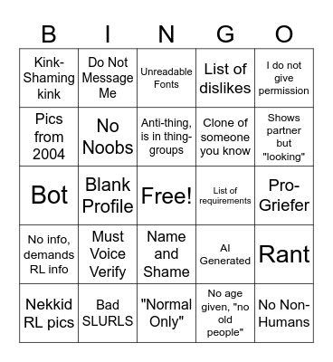 Profile Peeve BINGO Card