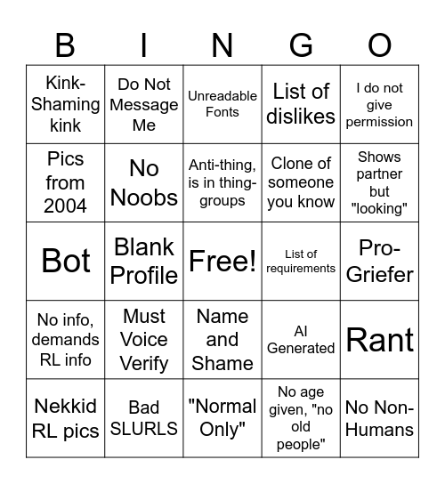 Profile Peeve BINGO Card