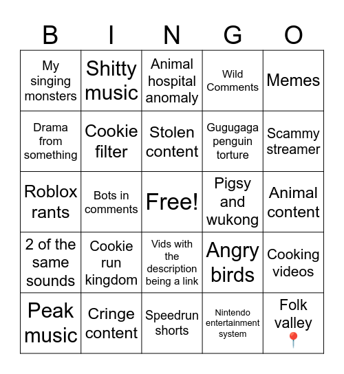 Random YouTube vids Bingo Card