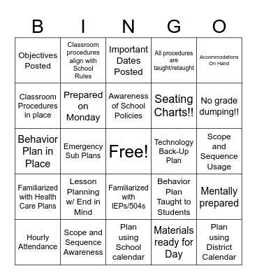 Power Up Procedures Bingo Card