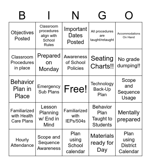 Power Up Procedures Bingo Card