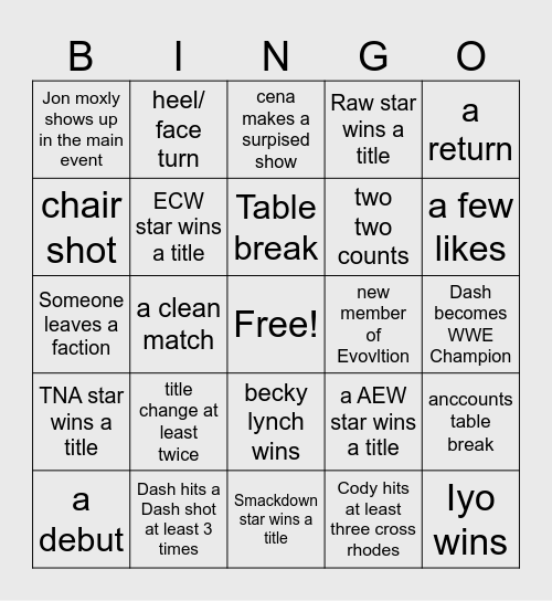 D2WN summer slam night two Bingo Card