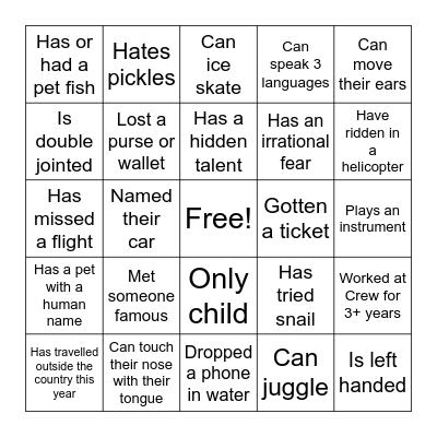 Crew crazy BINGO Card