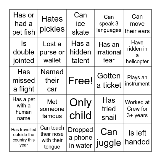 Crew crazy BINGO Card